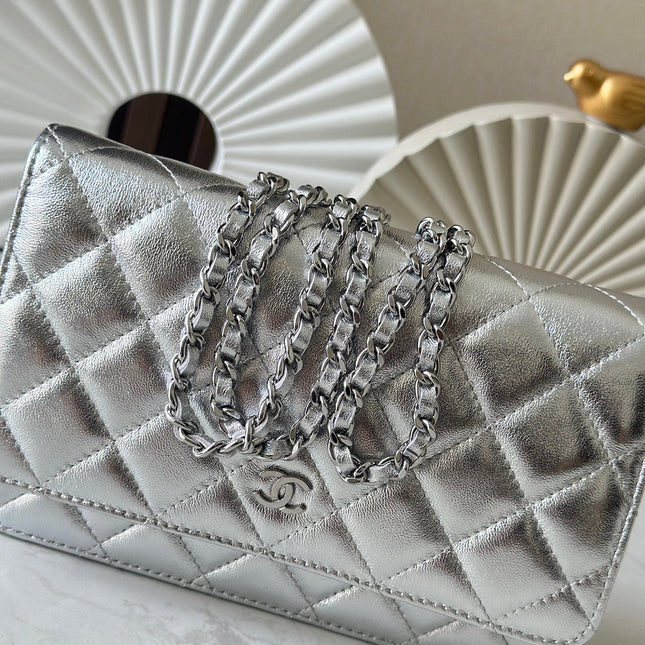 CHANEL 25S WALLET ON CHAIN 19 IN SILVER LAMBSKIN