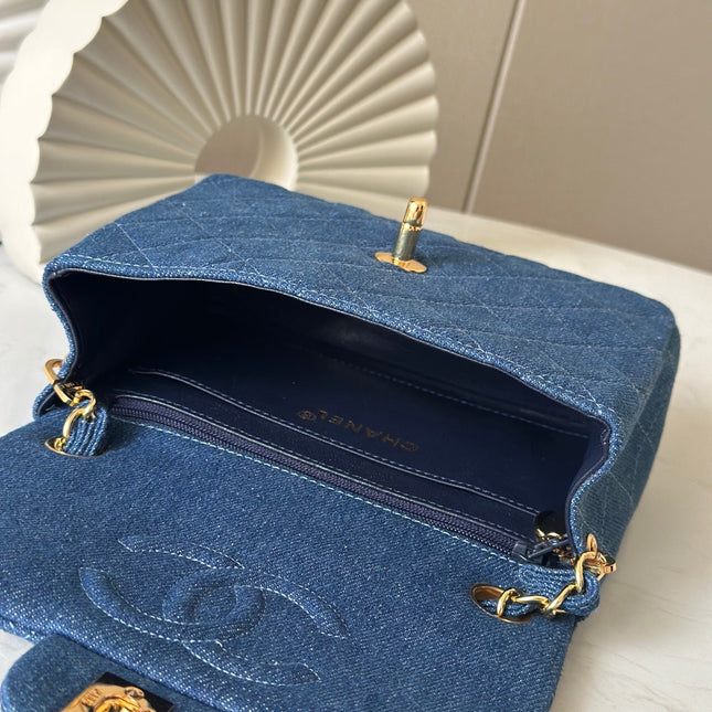 CHANEL 25S MINI FLAP BAG 18 IN BLUE DENIM WITH GOLD HARDWARE