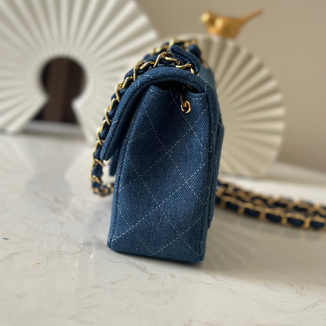 CHANEL 25S MINI FLAP BAG 18 IN BLUE DENIM WITH GOLD HARDWARE