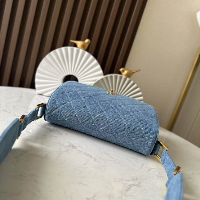 CHANEL 25S SHOULDER BAG 26 IN BLUE DENIM WITH GOLD HARDWARE