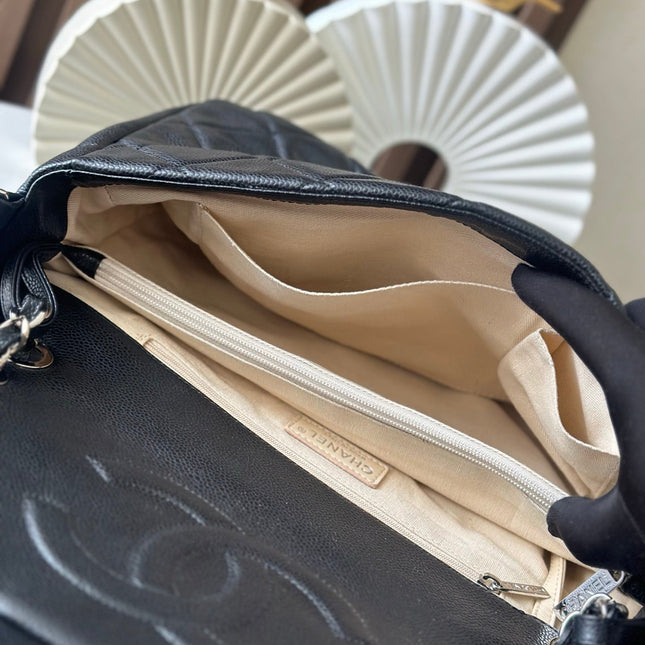 CHANEL 25S SHOULDER BAG 34 IN BLACK CAVIAR WITH SILVER HARDWARE
