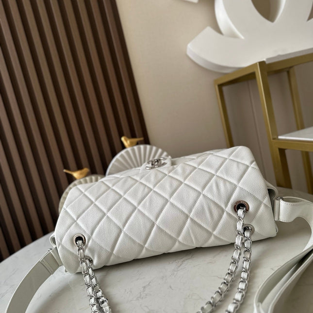 CHANEL 25S SHOULDER BAG 34 IN WHITE CAVIAR WITH SILVER HARDWARE