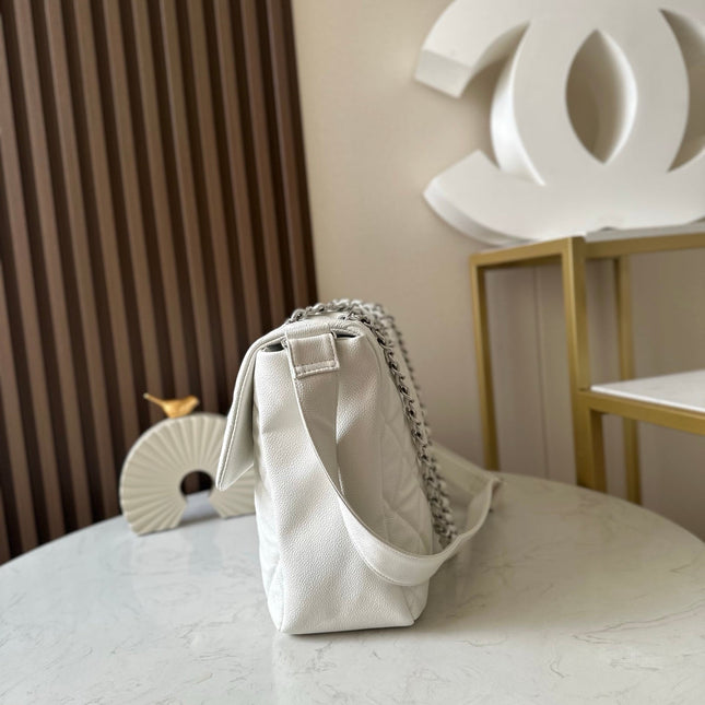 CHANEL 25S SHOULDER BAG 34 IN WHITE CAVIAR WITH SILVER HARDWARE