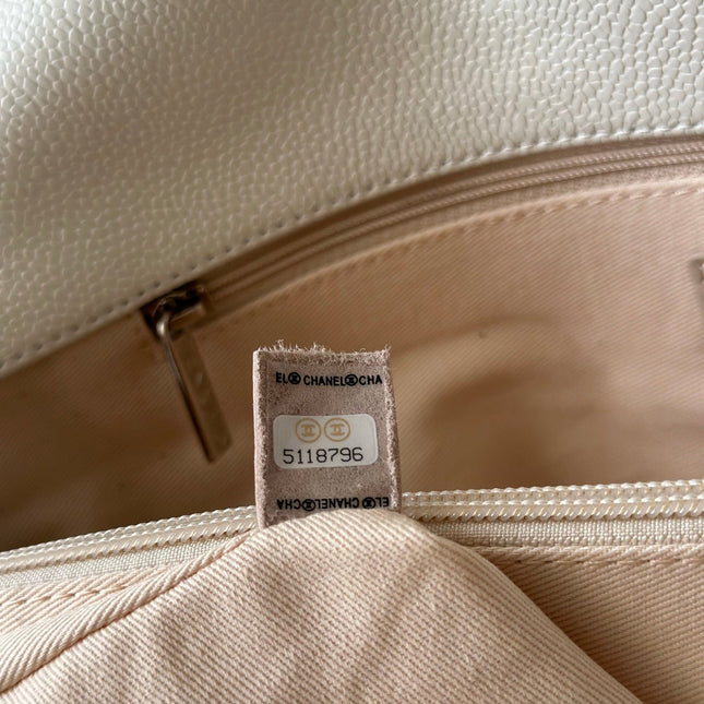 CHANEL 25S SHOULDER BAG 34 IN WHITE CAVIAR WITH SILVER HARDWARE