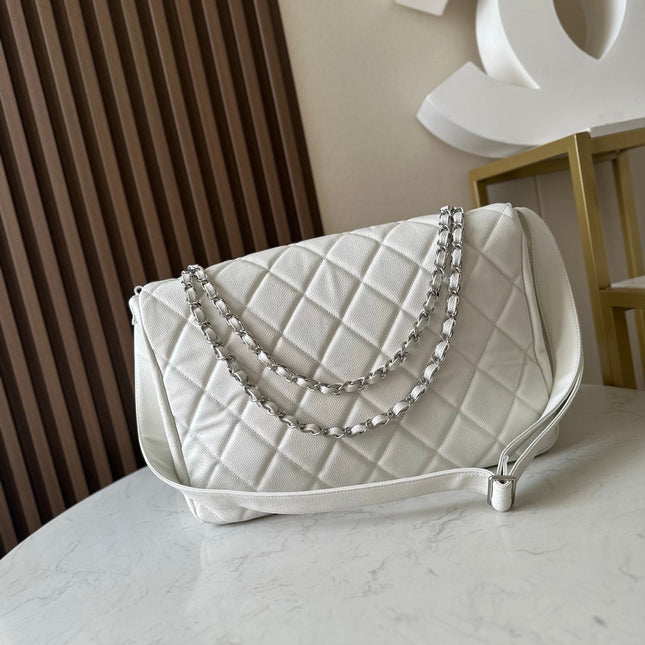 CHANEL 25S SHOULDER BAG 34 IN WHITE CAVIAR WITH SILVER HARDWARE