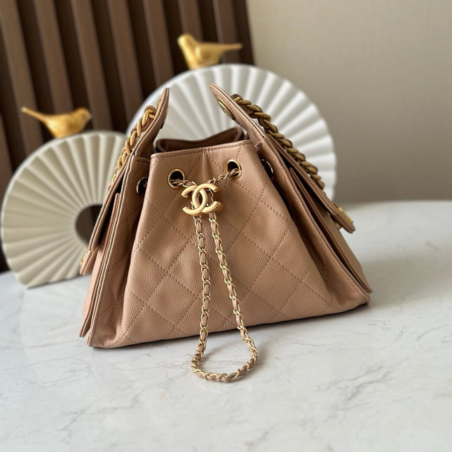 CHANEL 25S HOBO BAG 22 IN DARK BEIGE CALFSKIN GOLD HARDWARE