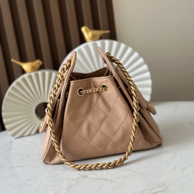 CHANEL 25S HOBO BAG 22 IN DARK BEIGE CALFSKIN GOLD HARDWARE