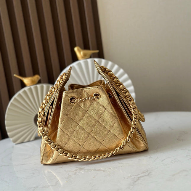CHANEL 25S HOBO BAG 22 IN METALLIC GOLD CAVIAR CALFSKIN