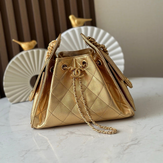 CHANEL 25S HOBO BAG 22 IN METALLIC GOLD CAVIAR CALFSKIN