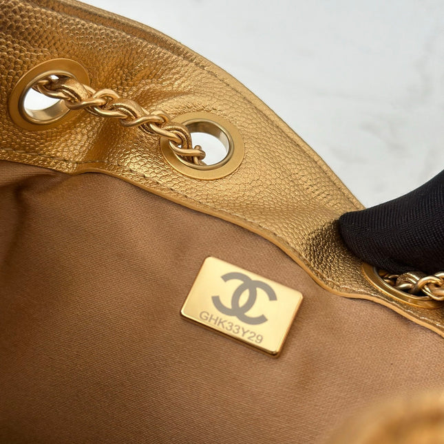 CHANEL 25S HOBO BAG 22 IN METALLIC GOLD CAVIAR CALFSKIN