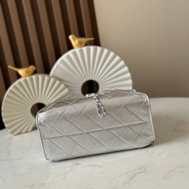 CHANEL 25S HOBO BAG 22 IN METALLIC SILVER CAVIAR CALFSKIN