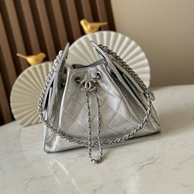 CHANEL 25S HOBO BAG 22 IN METALLIC SILVER CAVIAR CALFSKIN