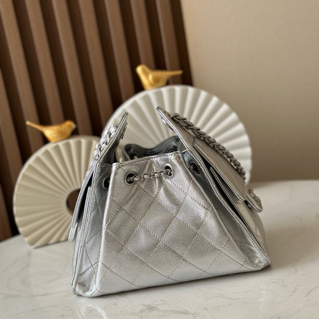 CHANEL 25S HOBO BAG 22 IN METALLIC SILVER CAVIAR CALFSKIN