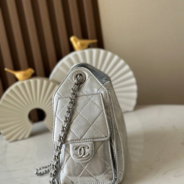 CHANEL 25S HOBO BAG 22 IN METALLIC SILVER CAVIAR CALFSKIN