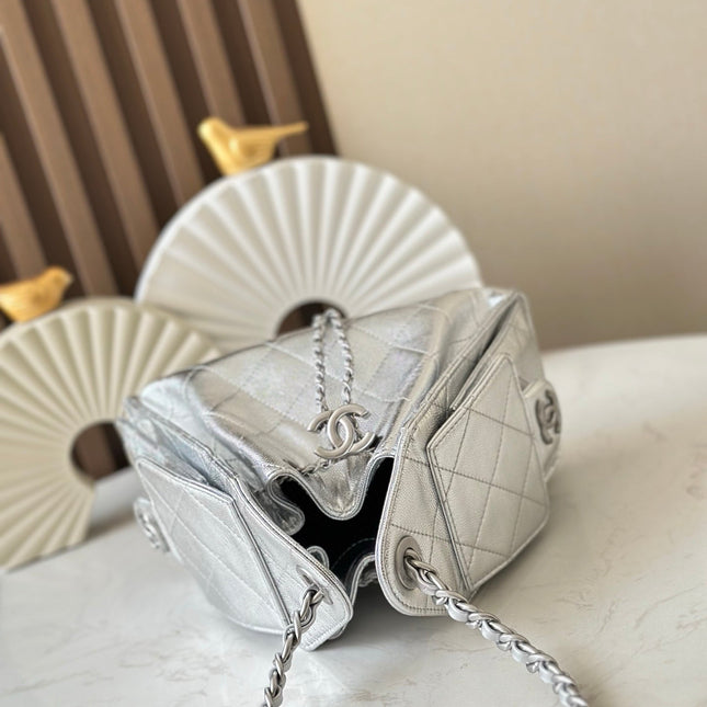CHANEL 25S HOBO BAG 22 IN METALLIC SILVER CAVIAR CALFSKIN