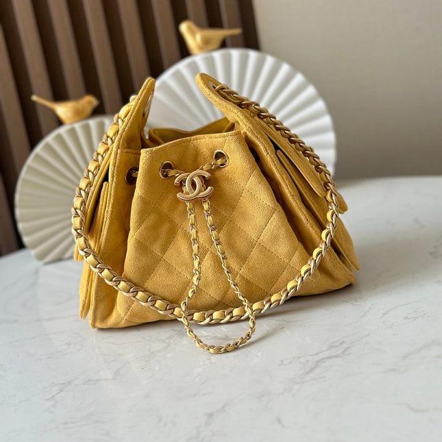 CHANEL 25S HOBO BAG 22 IN YELLOW SUEDE GOLD HARDWARE