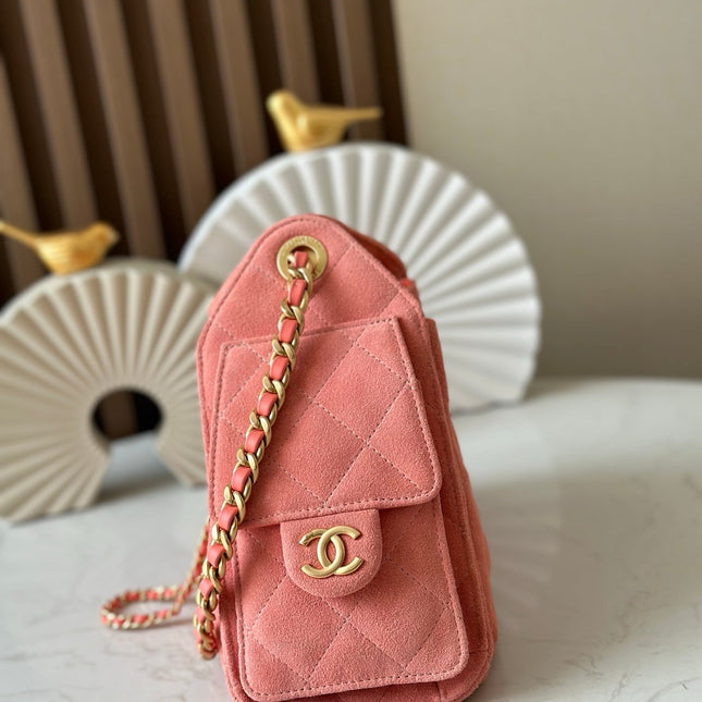 CHANEL 25S HOBO BAG 22 IN CORAL PINK SUEDE GOLD HARDWARE