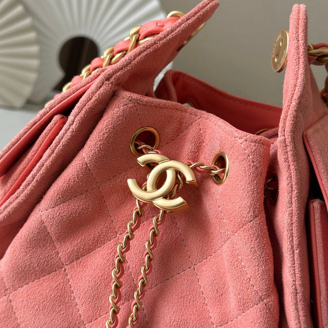 CHANEL 25S HOBO BAG 22 IN CORAL PINK SUEDE GOLD HARDWARE