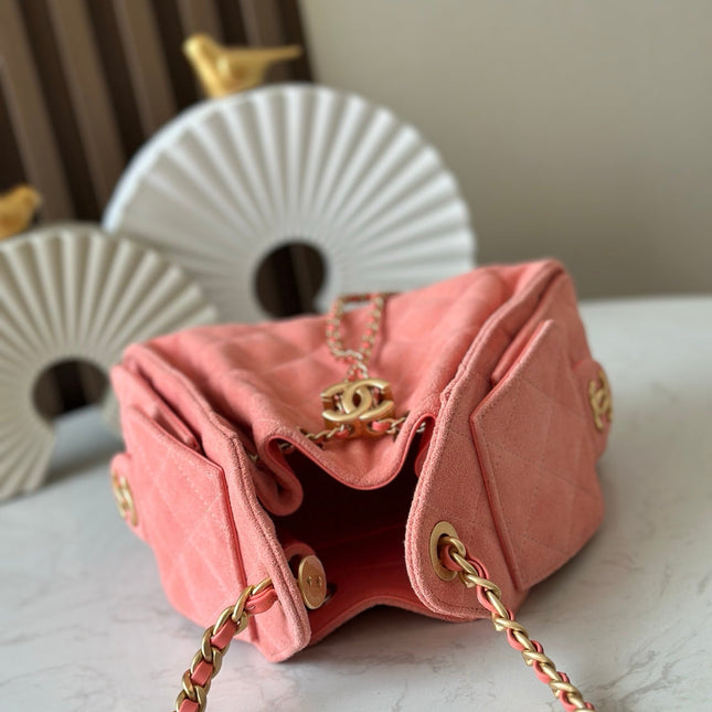 CHANEL 25S HOBO BAG 22 IN CORAL PINK SUEDE GOLD HARDWARE