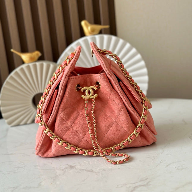 CHANEL 25S HOBO BAG 22 IN CORAL PINK SUEDE GOLD HARDWARE