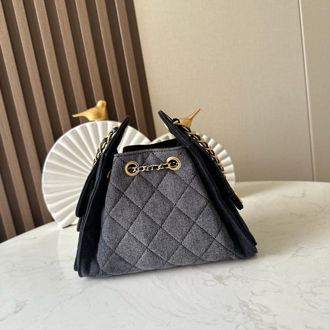 CHANEL 25S HOBO BAG 22 IN CHARCOAL GREY DENIM GOLD HARDWARE