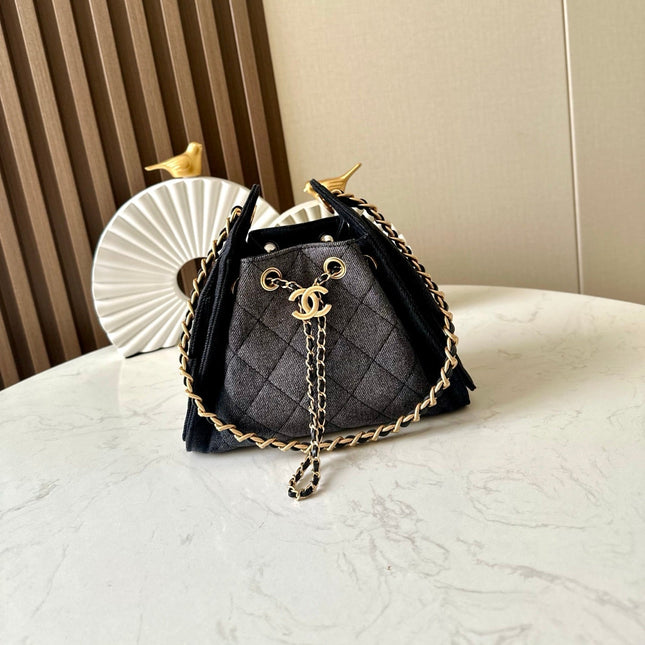 CHANEL 25S HOBO BAG 22 IN CHARCOAL GREY DENIM GOLD HARDWARE