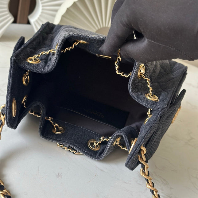 CHANEL 25S HOBO BAG 22 IN CHARCOAL GREY DENIM GOLD HARDWARE