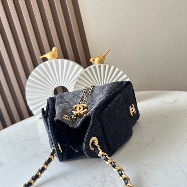 CHANEL 25S HOBO BAG 22 IN CHARCOAL GREY DENIM GOLD HARDWARE