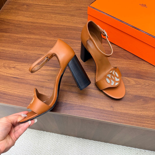 HM 26S MARQUISE SANDAL 85MM IN CARAMEL BROWN CALFSKIN