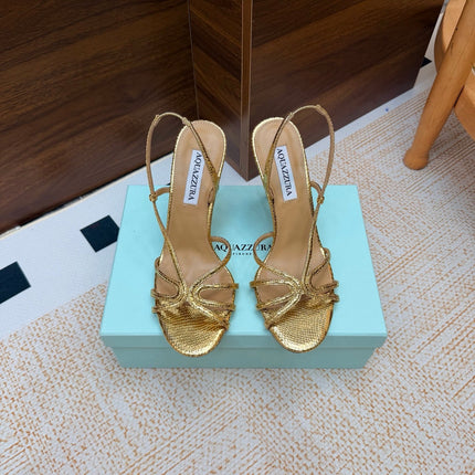 AQUAZZURA 26S CRYSTAL SANDALS 100 MM IN GOLD CALFSKIN