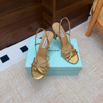 AQUAZZURA 26S CRYSTAL SANDALS 100 MM IN GOLD CALFSKIN