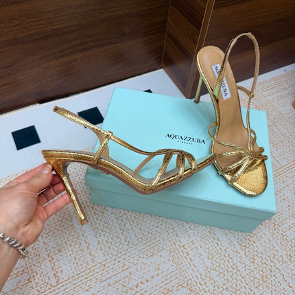 AQUAZZURA 26S CRYSTAL SANDALS 100 MM IN GOLD CALFSKIN