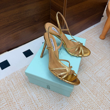 AQUAZZURA 26S CRYSTAL SANDALS 100 MM IN GOLD CALFSKIN