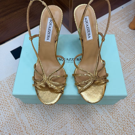 AQUAZZURA 26S CRYSTAL SANDALS 100 MM IN GOLD CALFSKIN