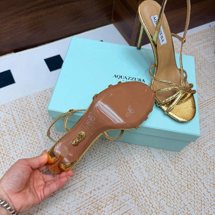 AQUAZZURA 26S CRYSTAL SANDALS 100 MM IN GOLD CALFSKIN