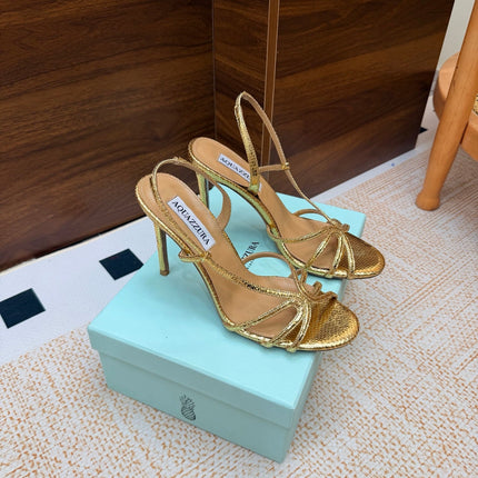 AQUAZZURA 26S CRYSTAL SANDALS 100 MM IN GOLD CALFSKIN