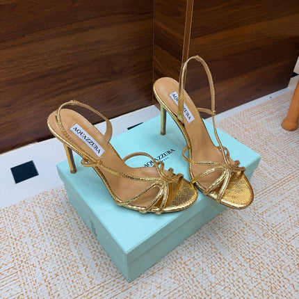 AQUAZZURA 26S CRYSTAL SANDALS 100 MM IN GOLD CALFSKIN