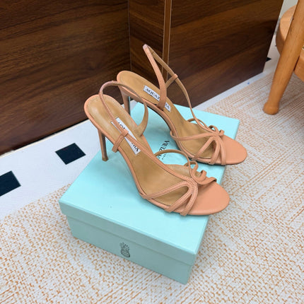 AQUAZZURA 26S CRYSTAL SANDALS 100 MM IN BEIGE CALFSKIN