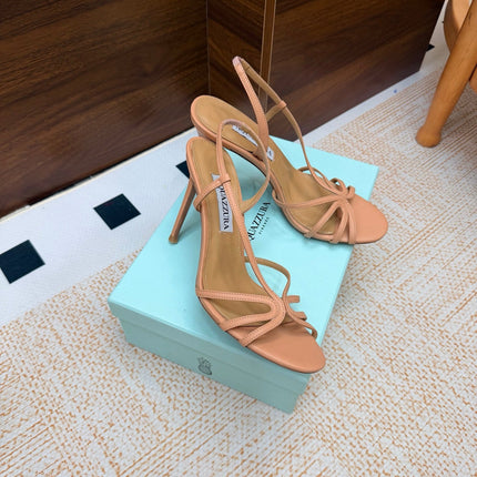 AQUAZZURA 26S CRYSTAL SANDALS 100 MM IN BEIGE CALFSKIN