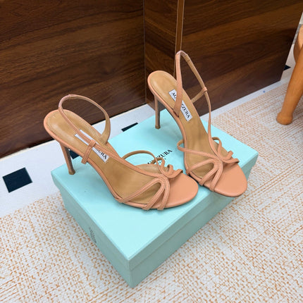 AQUAZZURA 26S CRYSTAL SANDALS 100 MM IN BEIGE CALFSKIN