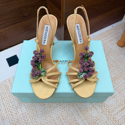 AQUAZZURA 26S HEEL SANDALS 100 MM IN BEIGE FABRIC CRYSTAL FLORAL