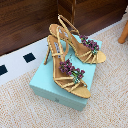 AQUAZZURA 26S HEEL SANDALS 100 MM IN BEIGE FABRIC CRYSTAL FLORAL