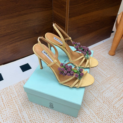 AQUAZZURA 26S HEEL SANDALS 100 MM IN BEIGE FABRIC CRYSTAL FLORAL