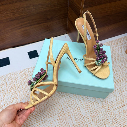 AQUAZZURA 26S HEEL SANDALS 100 MM IN BEIGE FABRIC CRYSTAL FLORAL