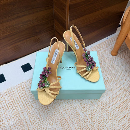 AQUAZZURA 26S HEEL SANDALS 100 MM IN BEIGE FABRIC CRYSTAL FLORAL