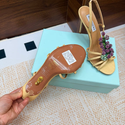 AQUAZZURA 26S HEEL SANDALS 100 MM IN BEIGE FABRIC CRYSTAL FLORAL
