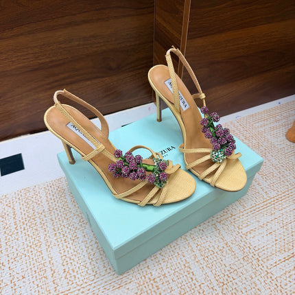 AQUAZZURA 26S HEEL SANDALS 100 MM IN BEIGE FABRIC CRYSTAL FLORAL