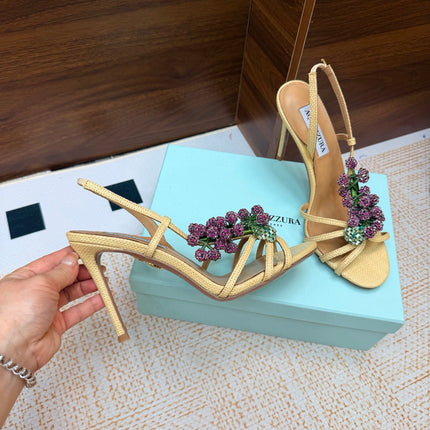 AQUAZZURA 26S HEEL SANDALS 100 MM IN BEIGE FABRIC CRYSTAL FLORAL
