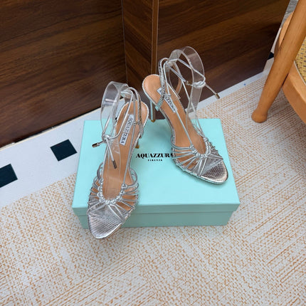 AQUAZZURA 26S LACE-UP HEEL SANDALS 100 MM IN SILVER CALFSKIN