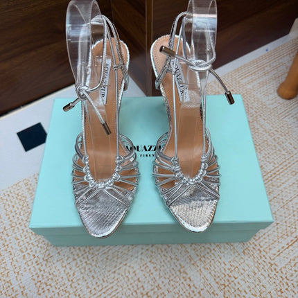 AQUAZZURA 26S LACE-UP HEEL SANDALS 100 MM IN SILVER CALFSKIN